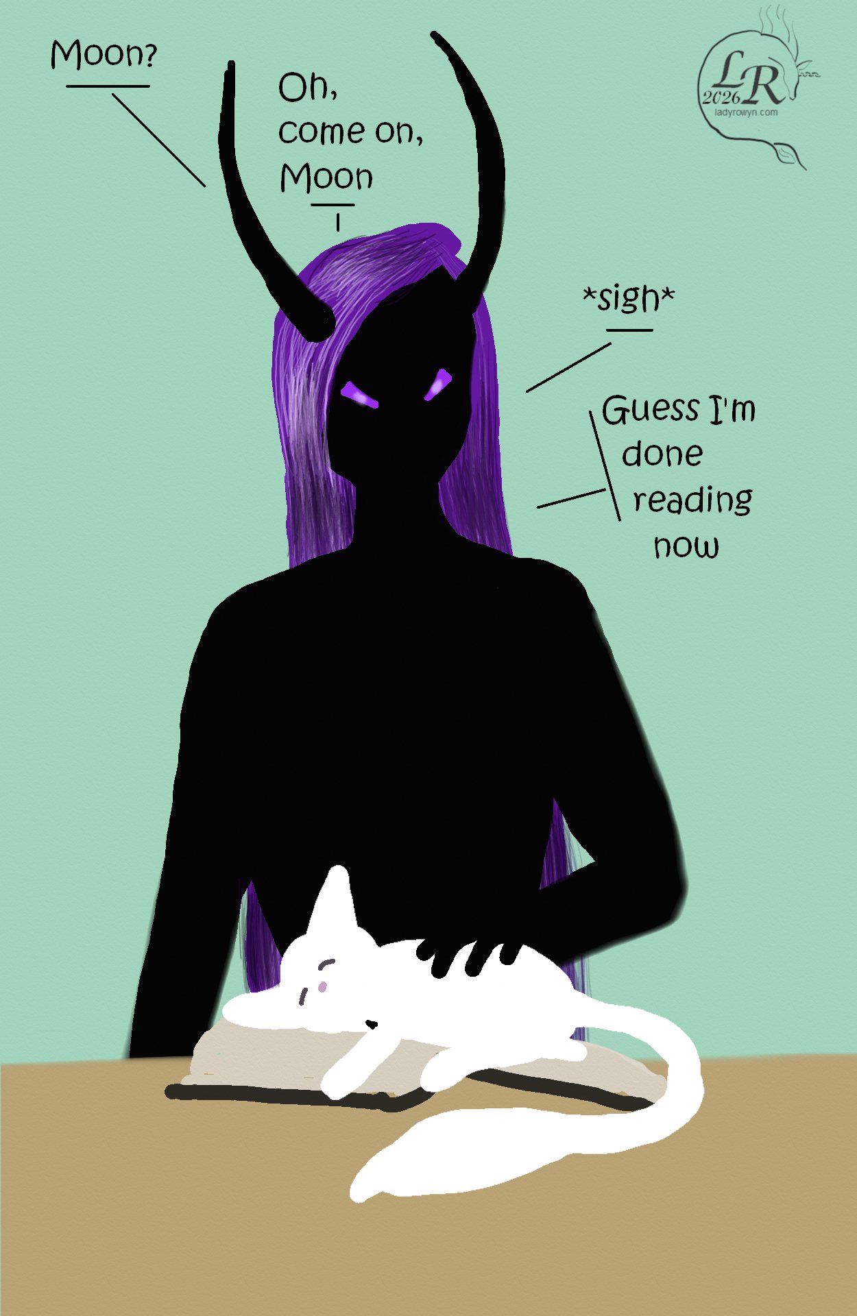 
Simple colored cartoon. Zhenshay, a reflectionless black figure with horns, a tail, and long purple hair, is seated at a table. A book is open before him, near to the end (if read right to left). Moon, a white cat, is sprawled over it. He's petting Moon.

Dialogue:
Zhenshay: 